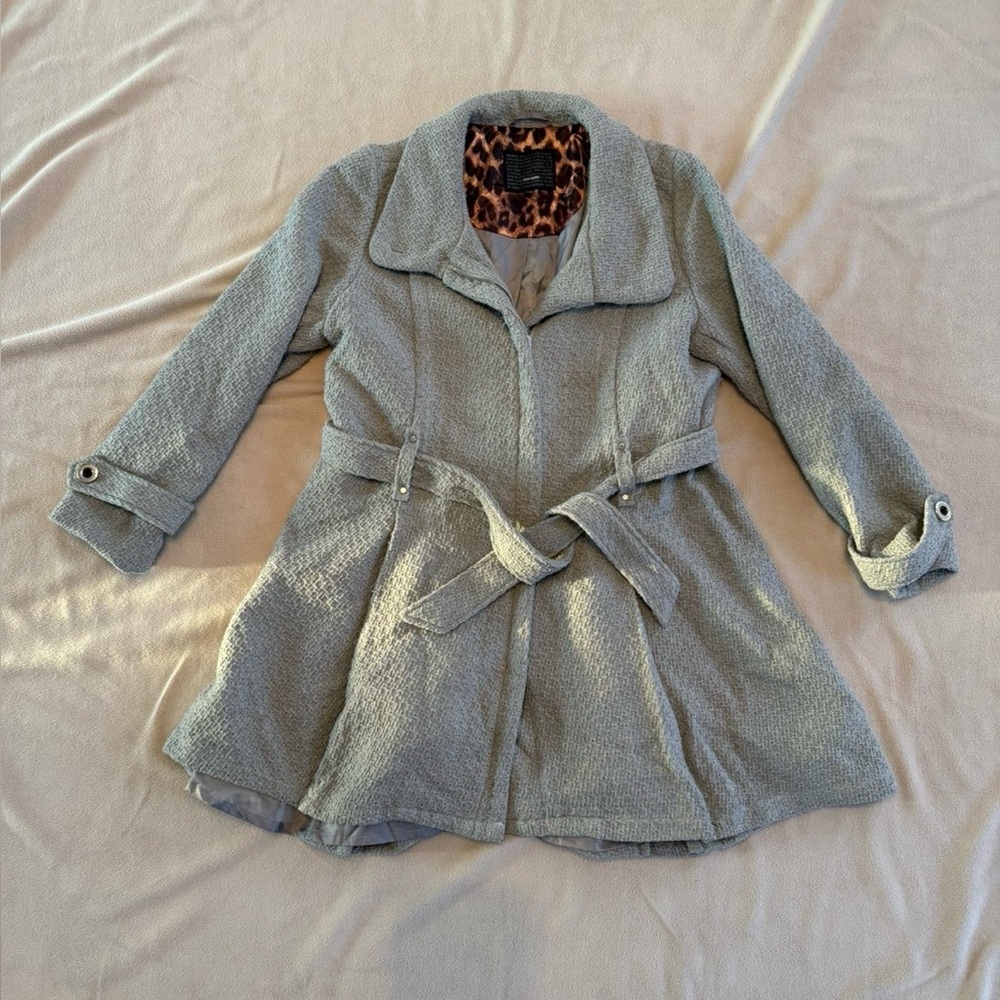 Steve Madden Gray Belted Peacoat Leopard Lined Jacket Size XL